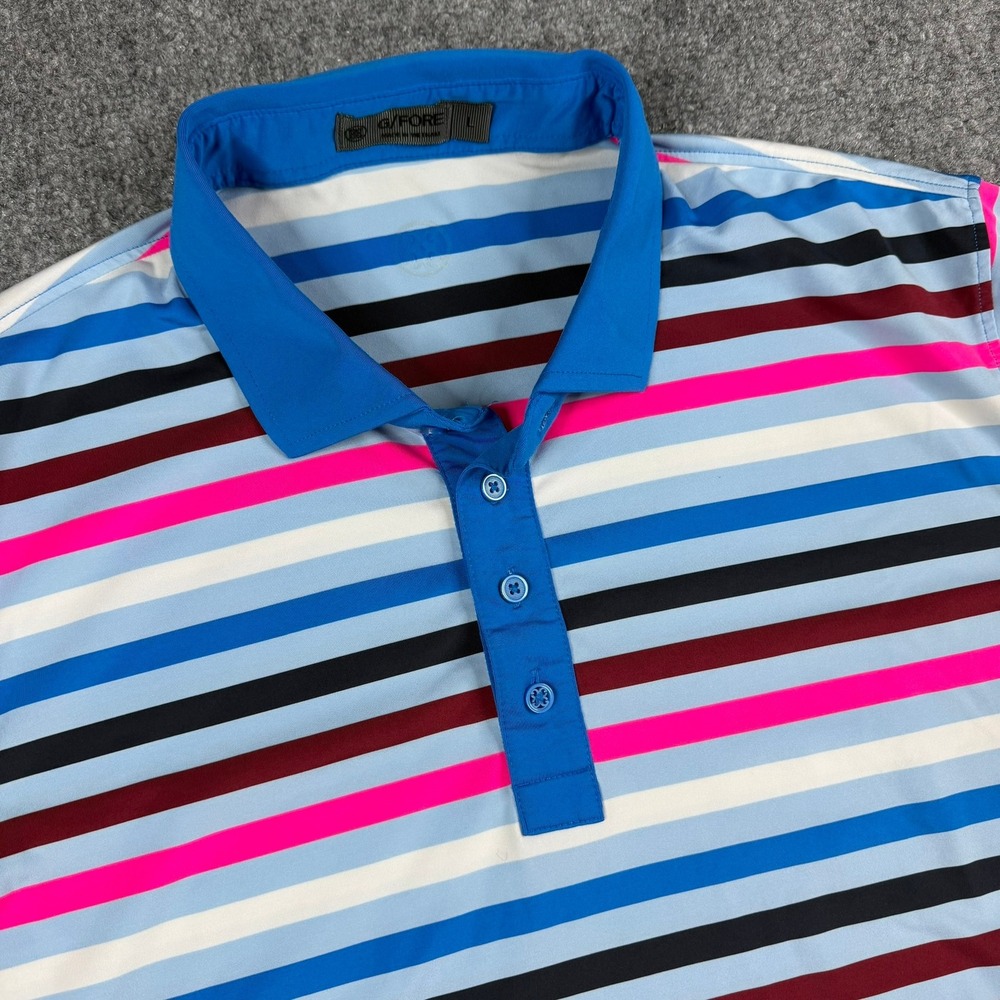 G/FORE Polo Shirt Mens Large Blue Pink Striped Performance Golf Short Sleeve